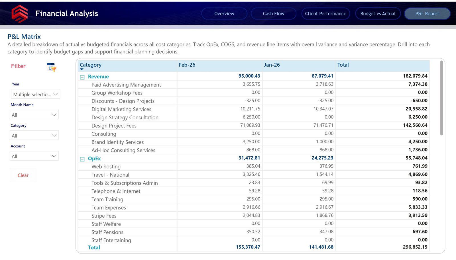 P&L matrix dashboard with detailed revenue and expense line items